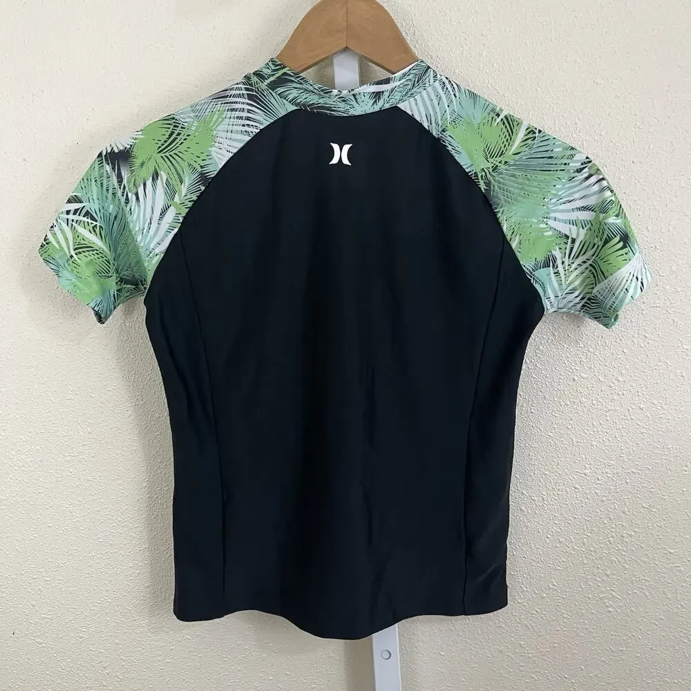Hurley Girls Rash Guard Swim Set Size 14/16 Large Tropical UPF 50+ Black Green